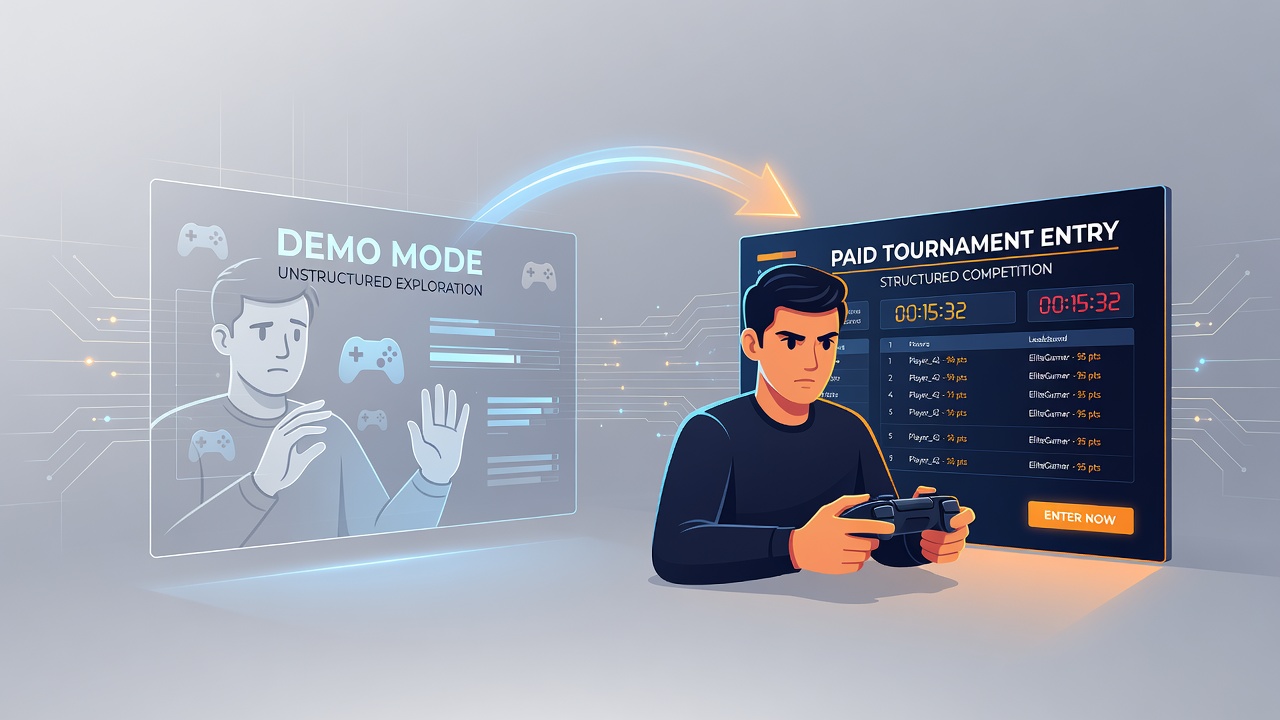 Users moving from free demo modes to paid tournament entries on digital gaming platforms