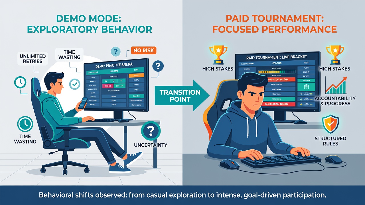 Analytics dashboard showing behavioral metrics during demo to paid tournament transitions