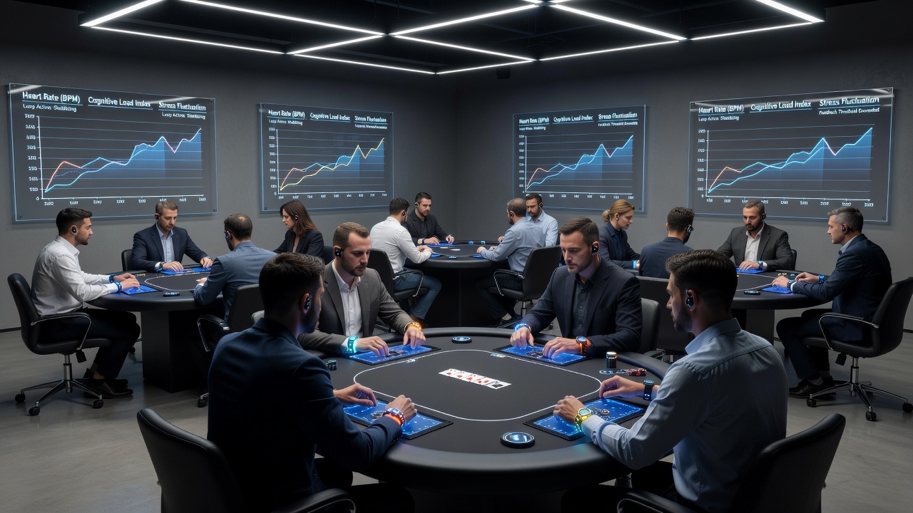 Real-time biometric dashboard displaying stress levels across multiple active poker tables