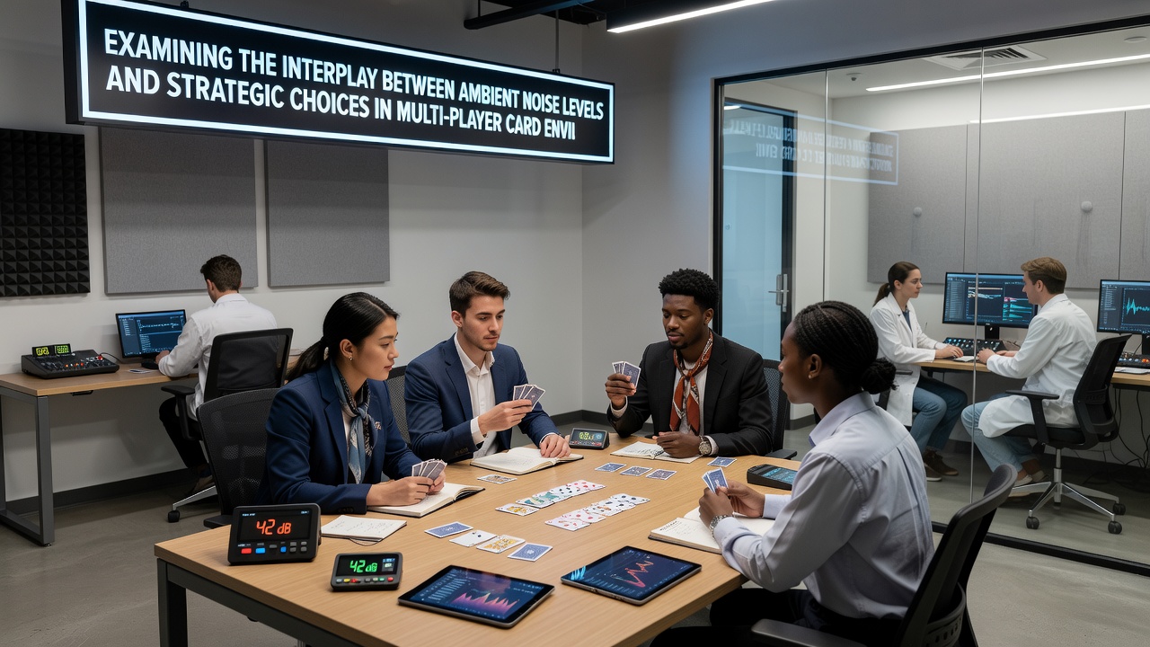 Players at a multi-player card table responding to varying ambient noise conditions during strategic gameplay