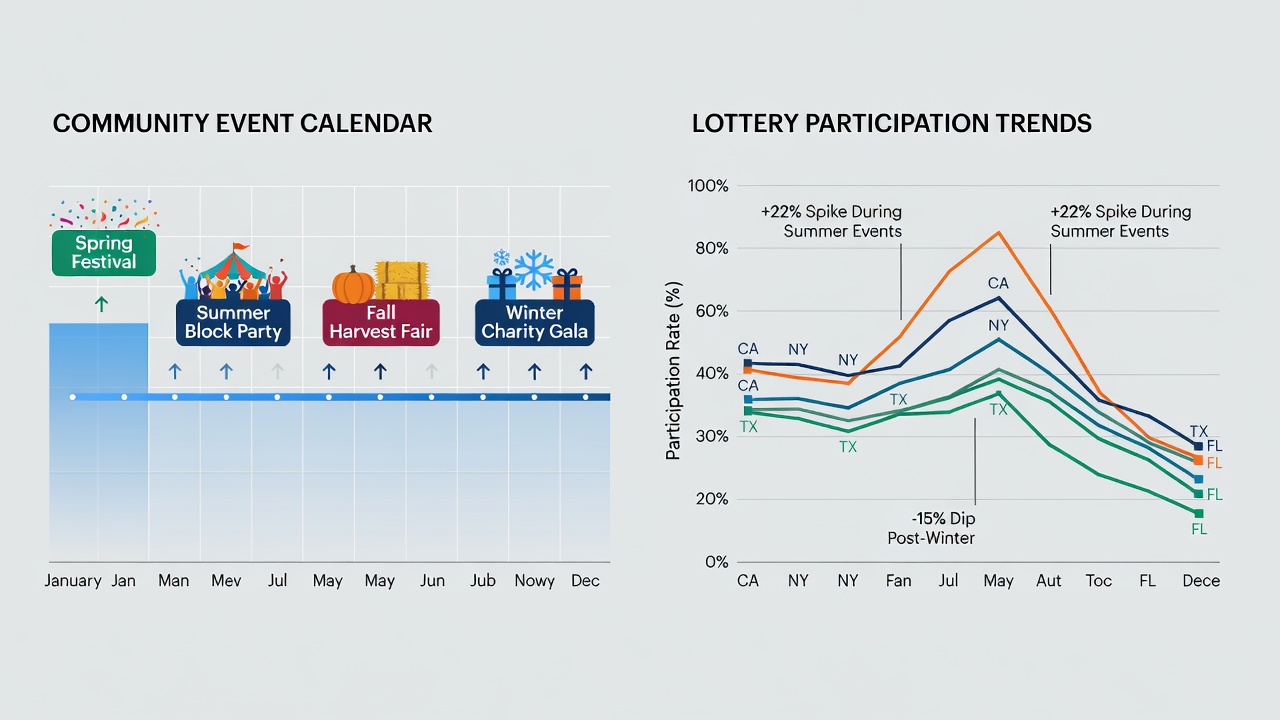 Mid-sized city residents gathering at a weekend festival while nearby lottery retail locations see reduced activity