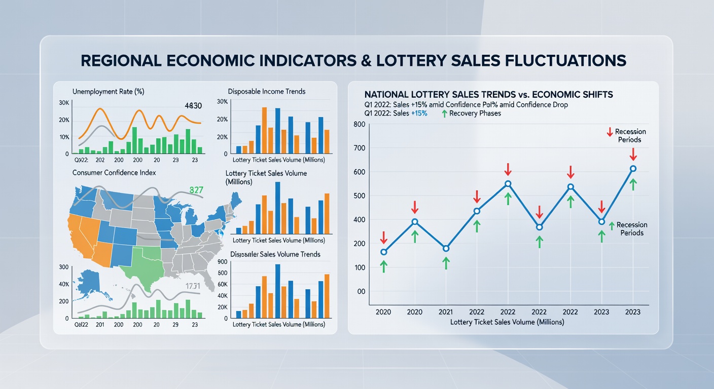 Chart displaying lottery sales trends versus regional GDP growth and unemployment from 2023 through June 2026