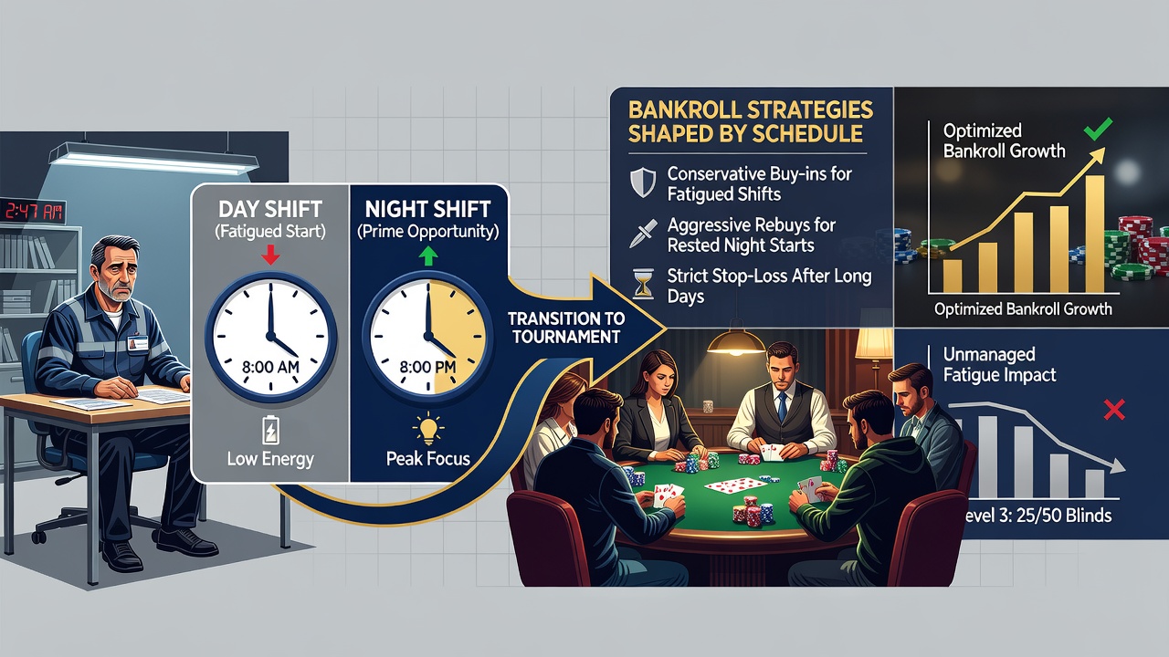 Bankroll tracking spreadsheets and tournament schedules laid out for shift workers planning evening sessions