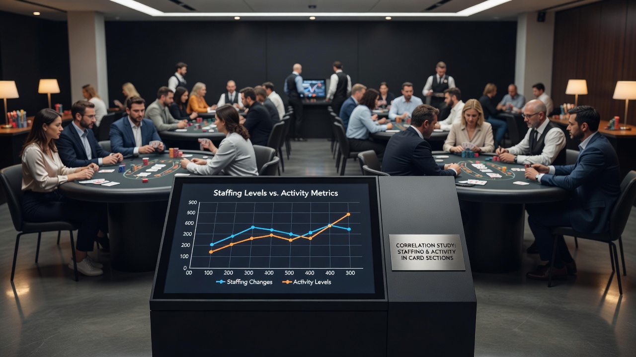 Card game tables in an entertainment venue showing dealer staffing and player activity levels during peak hours