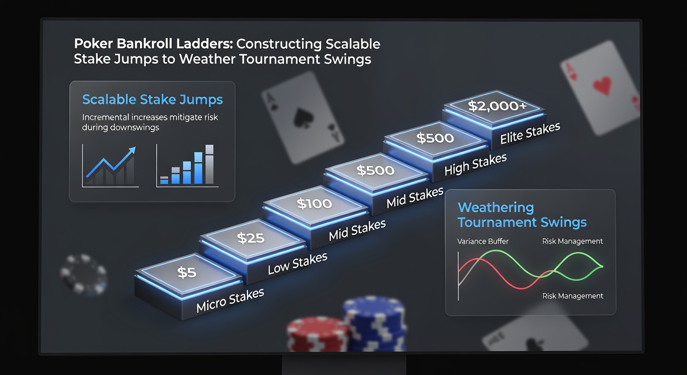 Graph depicting bankroll swings over 500 tournaments, highlighting ladder-based recovery paths versus flat-staking volatility