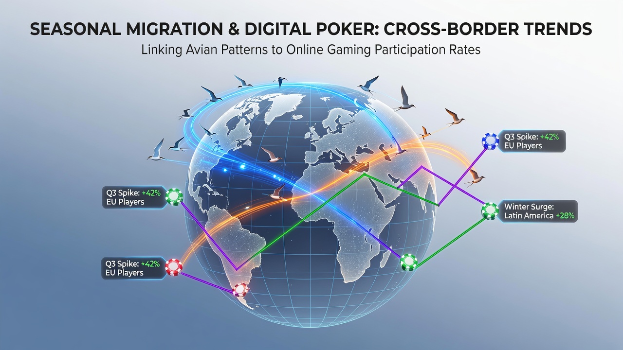 Global map showing seasonal migration routes and digital poker activity hotspots across continents