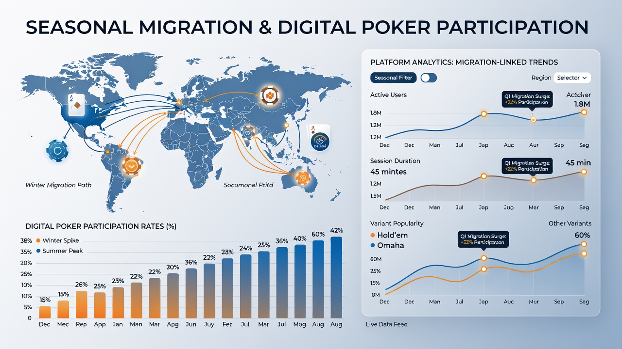 Infographic displaying poker participation spikes aligned with seasonal traveler flows between key regions