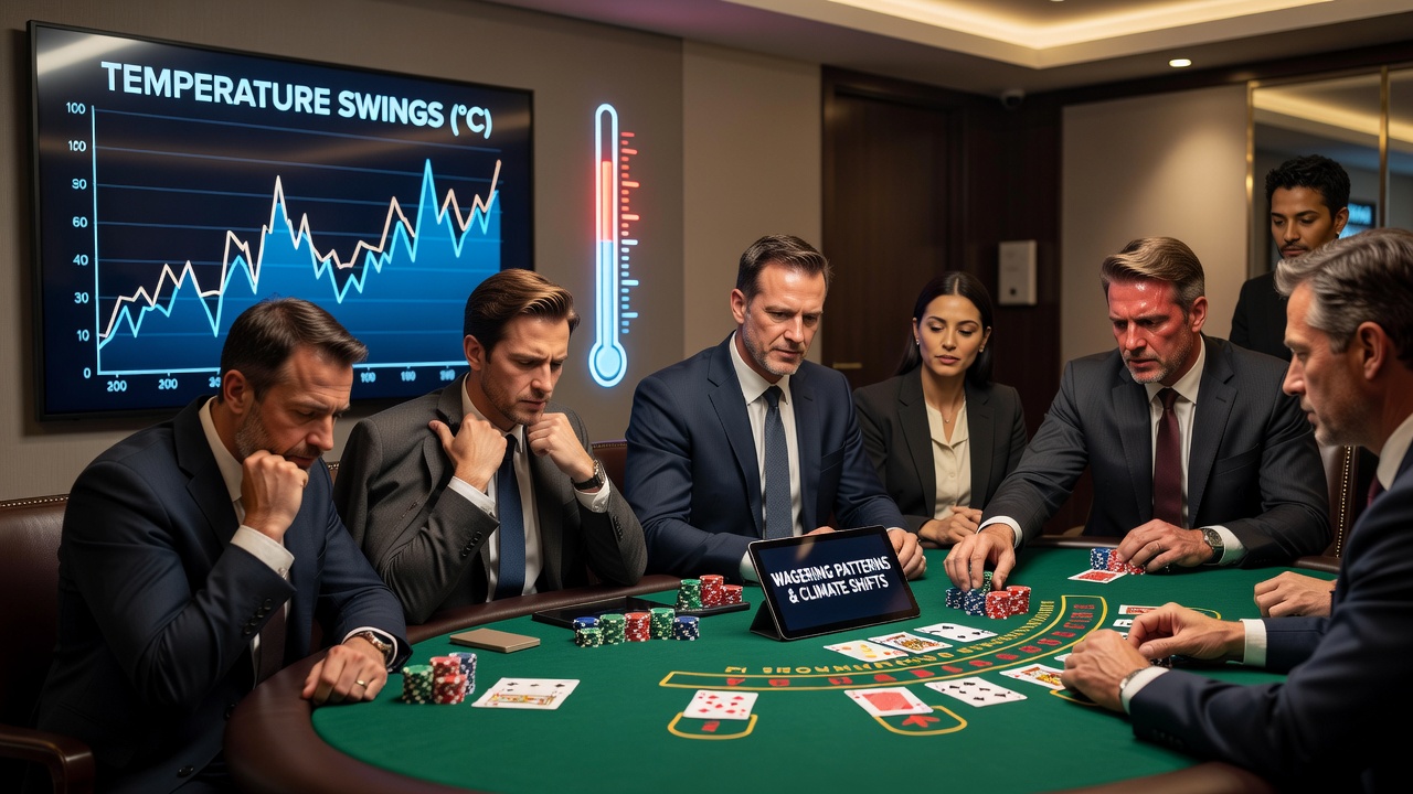 Casino poker table with players during shifting weather conditions outside