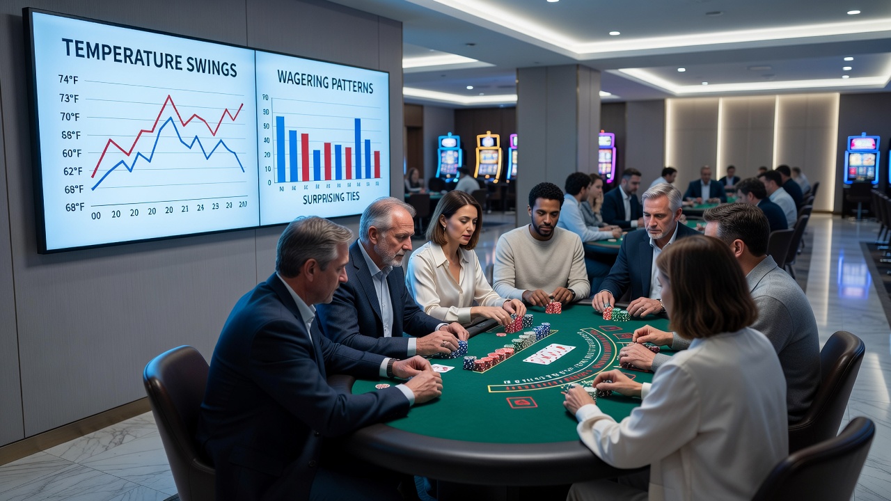 Data charts showing wagering volume changes alongside temperature records at casino venues