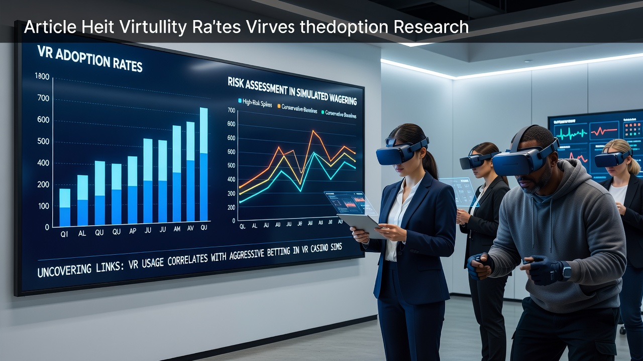 Virtual reality headset users engaging in simulated wagering environments with data overlays showing risk metrics